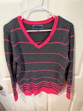 Karen Scott Gray & Pink Striped V-Neck Sweater